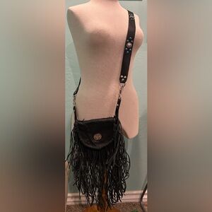 Black Leather Fringe Texan Crossbody Bag